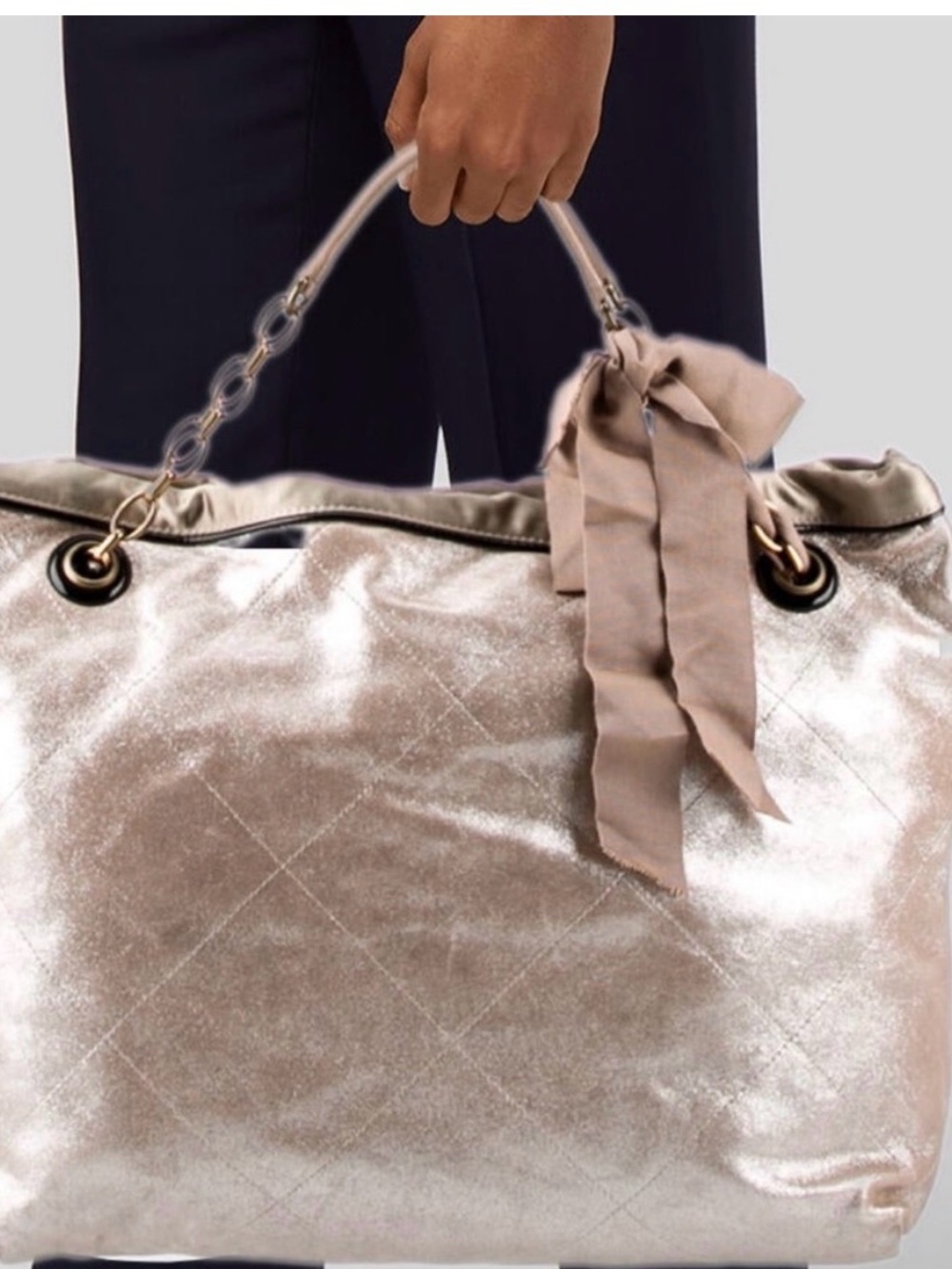 Lanvin Metallic Champagne Quilted Tote with Chain Handle and Bow